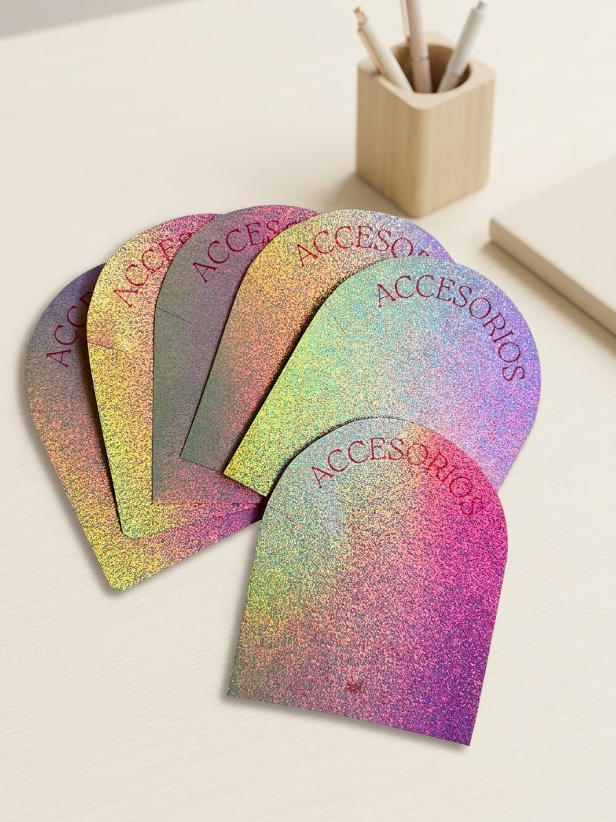 Varias tarjetas holográficas porta joyas en forma de arco sobre un escritorio claro