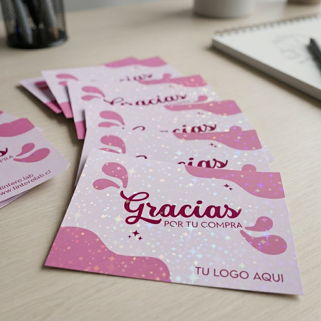 Tarjetas holográficas rosadas que dicen Gracias por tu compra, con espacio para tu logo, sobre un escritorio