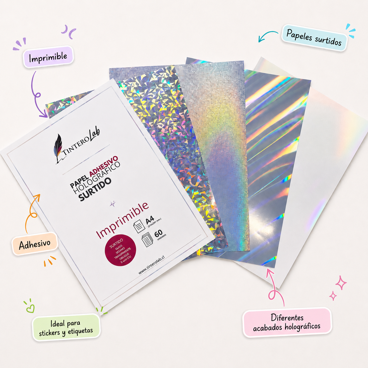 Papel Holográfico Adhesivo imprimible (Surtido 60un)